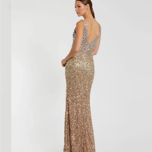 Silver to Gold Ombre Sequined Sleeveless V Neck Side Slit Gown - Picture 3 of 3